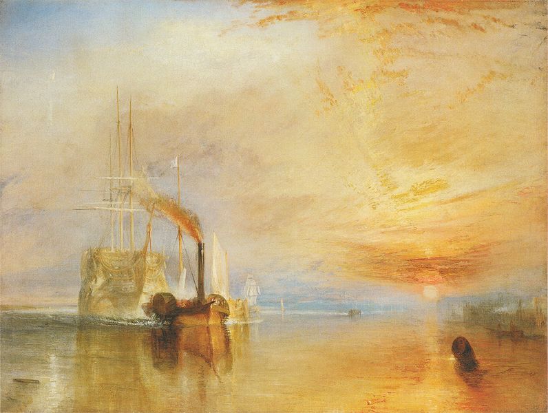 An early steam ship towing a sailing ship in a painting by Turner
